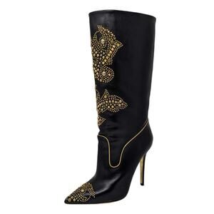 Versace Rare 2013 Western Cowboy Boots Black Leather Gold Studded Heels 40.5